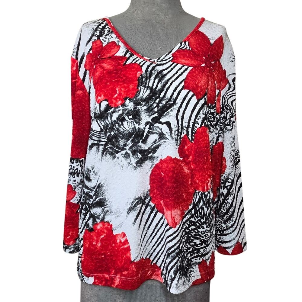Chicos Floral V Neck Blouse Size 2 Large